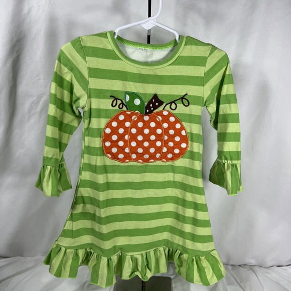 Eden 12 Mo Girls Green Stripped Pumpkin Dress - Picture 1 of 10